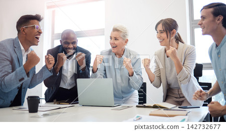 Business people, celebration and office meeting with laptop for online review or product launch, revenue and new deal. Team, achievement and cheer with happiness for company milestone and reputation. Business people, celebration and office meeting with laptop for online review or product launch, revenue and new deal. Team, achievement and cheer with happiness for company milestone and reputation. 142732677
