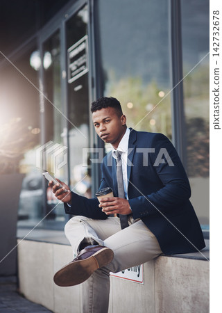 Businessman, thinking and coffee break in city with phone for news, info or lawyer to contact client online. Typing, email and attorney planning reminder in notes, app or ideas for law on internet Businessman, thinking and coffee break in city with phone for news, info or lawyer to contact client online. Typing, email and attorney planning reminder in notes, app or ideas for law on internet 142732678