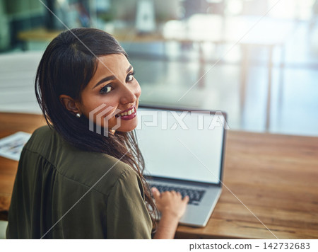 Business woman, laptop and portrait at desk with blank screen and app designer with tech. Office, professional and creative agency with website design and internet search for company seo process Business woman, laptop and portrait at desk with blank screen and app designer with tech. Office, professional and creative agency with website design and internet search for company seo process 142732683