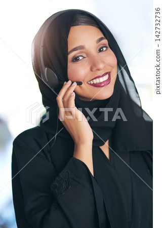 Portrait, agent and Muslim woman with call center, telemarketing and help desk with customer service. Face, Islamic person and insurance consultant with hijab, headphones and tech support with advice 142732736