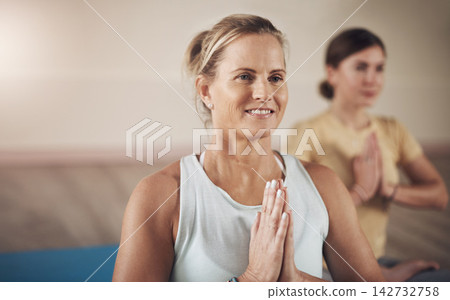 Women, hands and meditation for exercise, fitness and peace or spiritual wellness. Yoga, friends and namaste prayer for indoor mindfulness, pilates and energy with mental health and chakra or zen Women, hands and meditation for exercise, fitness and peace or spiritual wellness. Yoga, friends and namaste prayer for indoor mindfulness, pilates and energy with mental health and chakra or zen 142732758