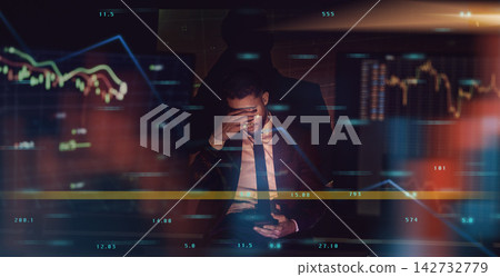 Stress, trading and man with headache for debt, financial crisis and investing app on phone. Mistake, graph overlay and male trader with mobile for anxiety, profit loss and fear or fail for inflation Stress, trading and man with headache for debt, financial crisis and investing app on phone. Mistake, graph overlay and male trader with mobile for anxiety, profit loss and fear or fail for inflation 142732779