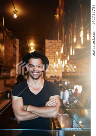 Smile, portrait and businessman with arms crossed at cafe for friendly, welcome or customer service pride. Happy, face and restaurant manager in hotel kitchen for barista sales, trust or management Smile, portrait and businessman with arms crossed at cafe for friendly, welcome or customer service pride. Happy, face and restaurant manager in hotel kitchen for barista sales, trust or management 142732782