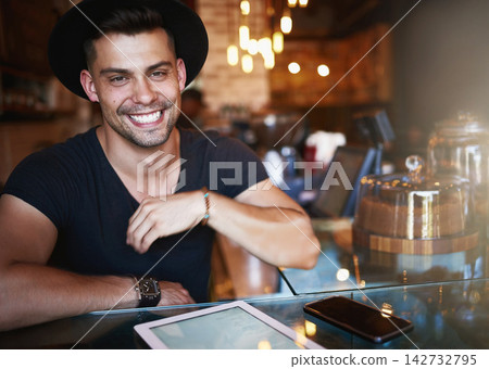 Portrait, coffee shop and man in cafe with tablet for small business, stock inventory and store website. Restaurant, hospitality and owner by counter on digital tech for orders, online and internet Portrait, coffee shop and man in cafe with tablet for small business, stock inventory and store website. Restaurant, hospitality and owner by counter on digital tech for orders, online and internet 142732795