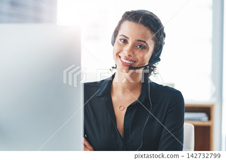 Woman, portrait and headset with computer for call centre telemarketing or technical support, representative or advice. Female person, crm and sales with customer service, contact us or help desk 142732799
