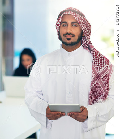 Portrait, business and Muslim man with tablet, office or connection with financial advisor, accounting or traditional clothes. Face, person or employee with technology, investment or network with app Portrait, business and Muslim man with tablet, office or connection with financial advisor, accounting or traditional clothes. Face, person or employee with technology, investment or network with app 142732814