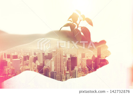 Double exposure, plant and hands with city overlay for earth day, sustainability and eco friendly. Climate change, urban and environment protection for growth and future with dirt, support and person Double exposure, plant and hands with city overlay for earth day, sustainability and eco friendly. Climate change, urban and environment protection for growth and future with dirt, support and person 142732876