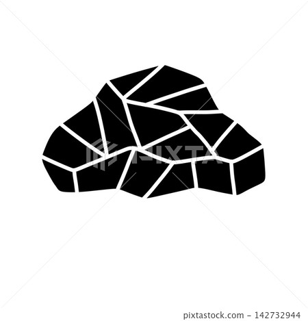 Coal mineral shape in black color. Energy resource icon with irregular cracked form. Minimalist fuel symbol for industrial design projects. Coal mineral shape in black color. Energy resource icon with irregular cracked form. Minimalist fuel symbol for industrial design projects. 142732944