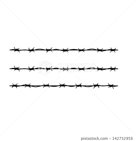 Barbed wire rows, black line art thorny fence stripes, simple border icon. Vintage sketch wire lines isolated, danger warning sign. Barbed wire rows deco Barbed wire rows, black line art thorny fence stripes, simple border icon. Vintage sketch wire lines isolated, danger warning sign. Barbed wire rows deco 142732958