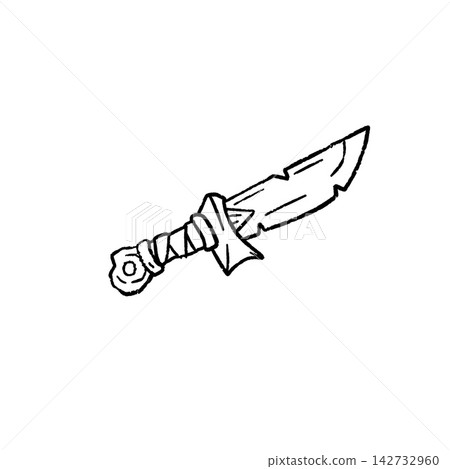 Dagger outline doodle, black white line art knife blade, barbarian weapon icon. Fantasy rpg battle emblem, simple sketch sword gear. Dagger outline deco 142732960