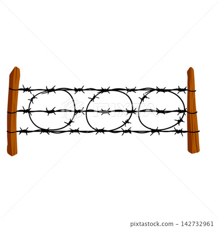 Barbed wire wood fence, brown posts loops thorny rows, ranch border icon. Vintage sketch farm fence isolated, danger warning sign. Barbed wire wood fence deco Barbed wire wood fence, brown posts loops thorny rows, ranch border icon. Vintage sketch farm fence isolated, danger warning sign. Barbed wire wood fence deco 142732961