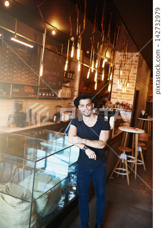 Counter, coffee shop and portrait of man in cafe ready for serving caffeine, drinks and beverage for small business. Restaurant, hospitality and confident person for barista service, help or welcome Counter, coffee shop and portrait of man in cafe ready for serving caffeine, drinks and beverage for small business. Restaurant, hospitality and confident person for barista service, help or welcome 142732979