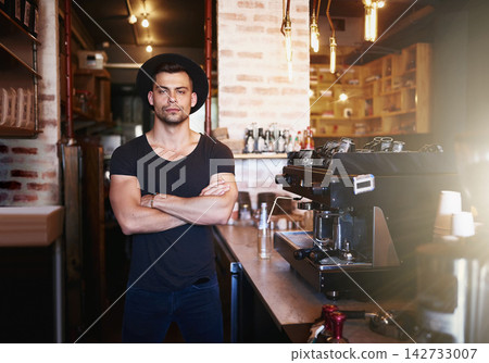 Man, portrait and arms crossed as coffee shop barista for customer service, confidence or small business. Male person, entrepreneur and cafe employee or restaurant waiter as owner, welcome or machine 142733007