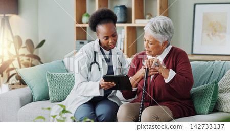 Elderly, woman and doctor with tablet for consultation with expert advice, explaining and healthcare support. Senior patient, nurse and discussion in nursing home, medical diagnosis and assessment Elderly, woman and doctor with tablet for consultation with expert advice, explaining and healthcare support. Senior patient, nurse and discussion in nursing home, medical diagnosis and assessment 142733137
