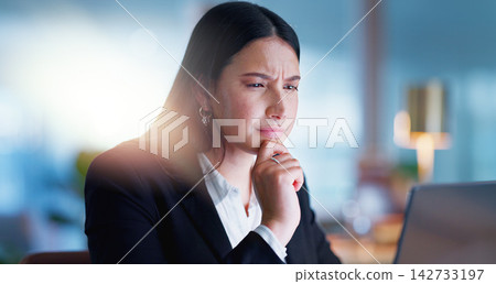 Office, business and woman with laptop, thinking and problem solving with connection, internet and planning ideas. Research, networking and girl with computer, website admin and consulting with email Office, business and woman with laptop, thinking and problem solving with connection, internet and planning ideas. Research, networking and girl with computer, website admin and consulting with email 142733197