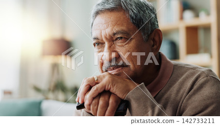 Elderly man, closeup and thinking with cane for disability, retirement and healthcare at nursing home. Senior person, walking stick and sad on couch for arthritis, assistance and mental health Elderly man, closeup and thinking with cane for disability, retirement and healthcare at nursing home. Senior person, walking stick and sad on couch for arthritis, assistance and mental health 142733211