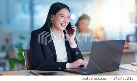 Phone call, business and happy woman with laptop, consulting and advisor with connection, internet and planning. Communication, networking and girl with computer, smartphone and discussion in office Phone call, business and happy woman with laptop, consulting and advisor with connection, internet and planning. Communication, networking and girl with computer, smartphone and discussion in office 142733212