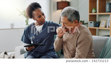 Home, nurse and senior man with cough or tablet in consultation with support or help. Sick, patient or elderly caregiver with person in hospice with lung cancer, tuberculosis or breathing with asma Home, nurse and senior man with cough or tablet in consultation with support or help. Sick, patient or elderly caregiver with person in hospice with lung cancer, tuberculosis or breathing with asma 142733213