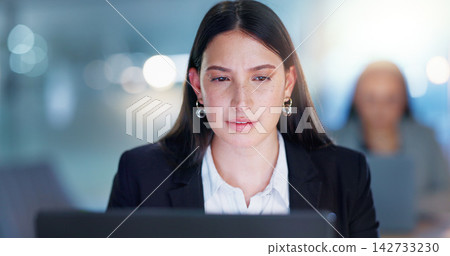 Lawyer, woman and laptop in night, office and thinking for problem solving with online legal consultation. Person, attorney or advocate with computer, research and investigation at corporate law firm Lawyer, woman and laptop in night, office and thinking for problem solving with online legal consultation. Person, attorney or advocate with computer, research and investigation at corporate law firm 142733230