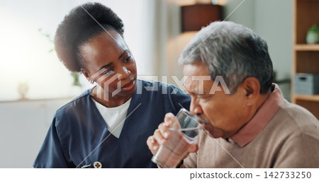 Senior, man and water from nurse for medicine, healthcare and support for healing tuberculosis. Sick, patient and elderly caregiver with person in home to help with tablet, supplements and drugs Senior, man and water from nurse for medicine, healthcare and support for healing tuberculosis. Sick, patient and elderly caregiver with person in home to help with tablet, supplements and drugs 142733250
