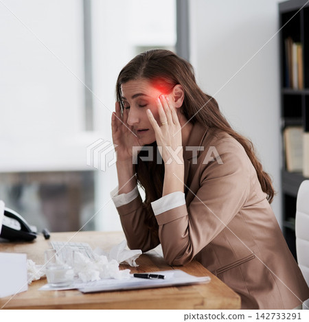 Red, woman and headache in pain or fever symptoms of migraine as admin in office for help or medicine. Female person, worker and sick or unhealthy with reaction in season of allergies in workplace Red, woman and headache in pain or fever symptoms of migraine as admin in office for help or medicine. Female person, worker and sick or unhealthy with reaction in season of allergies in workplace 142733291