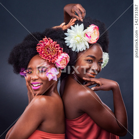 African, beauty and friends with flowers in makeup and art on dark background, studio and mockup. Floral, cosmetics and creative black women in portrait with natural or sustainable skincare in spring African, beauty and friends with flowers in makeup and art on dark background, studio and mockup. Floral, cosmetics and creative black women in portrait with natural or sustainable skincare in spring 142733367
