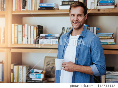 Portrait, home office and man with coffee, bookshelf and researcher with project, white mug and smile. Face, happy person and reader in study, morning tea and espresso in cup, cappuccino and relax Portrait, home office and man with coffee, bookshelf and researcher with project, white mug and smile. Face, happy person and reader in study, morning tea and espresso in cup, cappuccino and relax 142733432