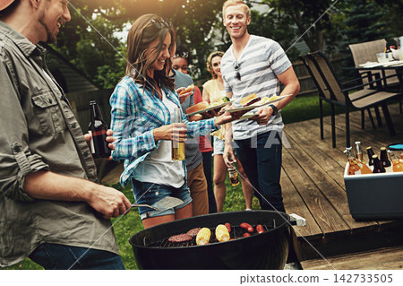 People, barbecue and serving with plate in backyard with diversity cooking and choice with meat on fire. Friends, men and women with beer, happy and relax with food by bbq grill on holiday in Florida 142733505