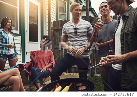 Friends, people and beer in backyard with bbq for social event, party and celebration with laughing in home. Group, drinking alcohol and food with relax, conversation or diversity at barbecue reunion Friends, people and beer in backyard with bbq for social event, party and celebration with laughing in home. Group, drinking alcohol and food with relax, conversation or diversity at barbecue reunion 142733617