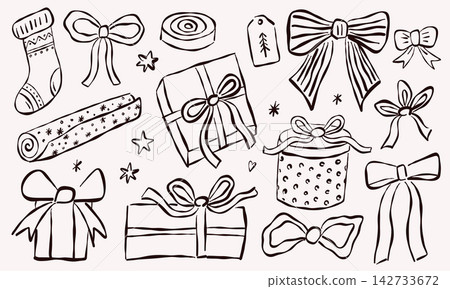Christmas Gift Wrapping and Present Hand Drawn Line Art Set Christmas Gift Wrapping and Present Hand Drawn Line Art Set 142733672