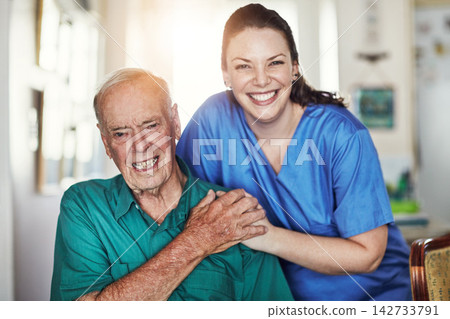 Senior, happy man and portrait with caregiver for elderly care, support or trust together in healthcare at old age home. Male person, medical nurse or volunteer with patient in retirement at house 142733791