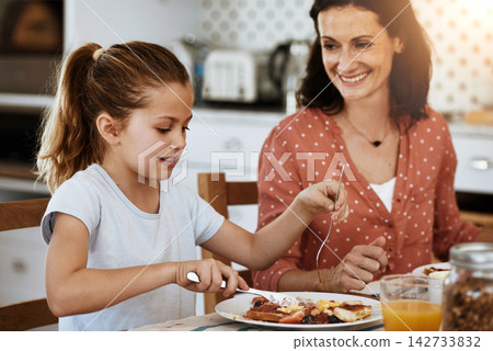 Breakfast, mother and daughter with food in dining room for healthy meal, nutrition or bonding together. Lens flare, hungry and happy parent with young child for eating, brunch or bread in home Breakfast, mother and daughter with food in dining room for healthy meal, nutrition or bonding together. Lens flare, hungry and happy parent with young child for eating, brunch or bread in home 142733832