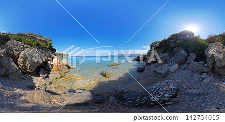 Rocky Aegean Sea Coast Near Athens, Greece, 360 VR Photo 8K 142734015