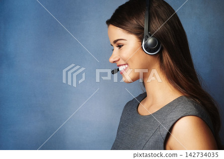 Girl, happy and studio profile for call center work, telemarketing career and virtual assistant for outbound sales company. Woman, blue background and mockup for contact us, communication and support Girl, happy and studio profile for call center work, telemarketing career and virtual assistant for outbound sales company. Woman, blue background and mockup for contact us, communication and support 142734035