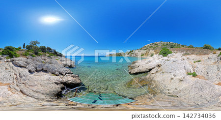 Rocky Aegean Sea Coast Near Athens, Greece, 360 VR Photo 8K 142734036