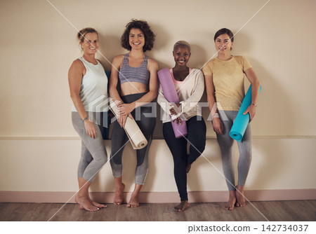 Wall, group and friends for relax in yoga class, activewear and smile for fitness in wellness centre. Workout, portrait and training in studio for flexibility, pilates and health and holistic hobby Wall, group and friends for relax in yoga class, activewear and smile for fitness in wellness centre. Workout, portrait and training in studio for flexibility, pilates and health and holistic hobby 142734037