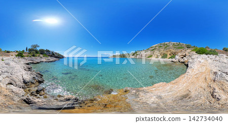 Rocky Aegean Sea Coast Near Athens, Greece, 360 VR Photo 8K 142734040