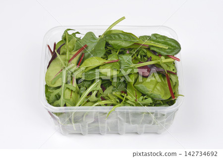 Fresh mixed baby salad leaves in plastic container Fresh mixed baby salad leaves in plastic container 142734692