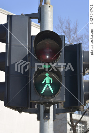 Green pedestrian traffic light in a sunlit urban setting Green pedestrian traffic light in a sunlit urban setting 142734701
