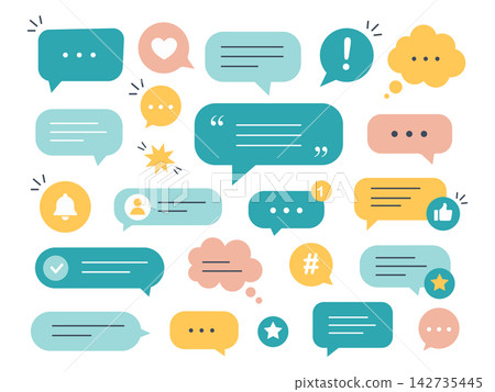 Colorful Speech Bubble Collection with Chat Messages and Communication Symbols Colorful Speech Bubble Collection with Chat Messages and Communication Symbols 142735445