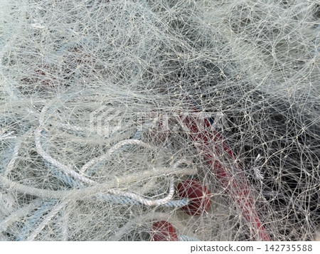 Abstract tangled white fibers creating a dense textured background with subtle red and blue accents 142735588