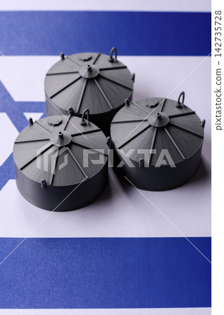Liquefied gas storage tanks set against the Israel flag, concept of supply and distribution Liquefied gas storage tanks set against the Israel flag, concept of supply and distribution 142735728