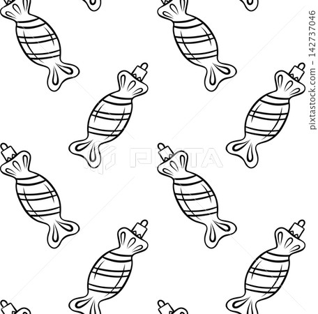 Vintage glass striped candy Christmas tree ornament in black and white doodle pattern. Simple vector sketch for retro holiday decor and toy packaging 142737046