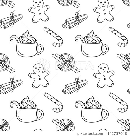 Hand-drawn sketch pattern of striped lollipops, hot cocoa with marshmallows and cinnamon sticks. Repeatable black and white design for winter menus, labels and gift wrap Hand-drawn sketch pattern of striped lollipops, hot cocoa with marshmallows and cinnamon sticks. Repeatable black and white design for winter menus, labels and gift wrap 142737048