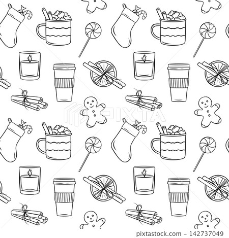Hand-drawn sketch pattern with New Year's toys, candies, festive drinks and gift boxes. Repeatable black and white design for winter menus, labels and gift wrap Hand-drawn sketch pattern with New Year's toys, candies, festive drinks and gift boxes. Repeatable black and white design for winter menus, labels and gift wrap 142737049