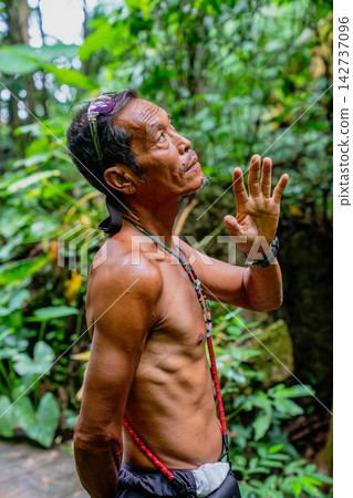 Dayak man looking up in borneo rainforest Dayak man looking up in borneo rainforest 142737096