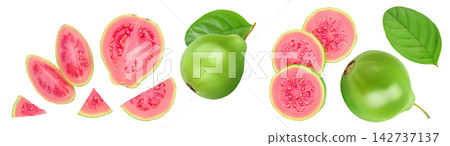 Guava fruit with slices isolated on white background with full depth of field. Top view. Flat lay Guava fruit with slices isolated on white background with full depth of field. Top view. Flat lay 142737137