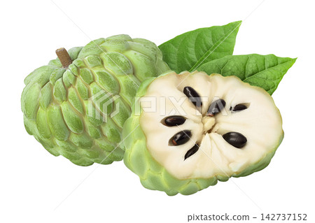 Sugar apple or custard apple half isolated on white background with clipping path and full depth of field. Exotic tropical annona or cherimoya fruit 142737152