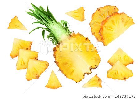 pineapple slices isolated on white background with clipping path and full depth of field. Top view. Flat lay pineapple slices isolated on white background with clipping path and full depth of field. Top view. Flat lay 142737172