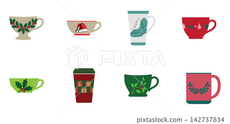 Set of vector mugs and cups with Christmas illustrations and colors Set of vector mugs and cups with Christmas illustrations and colors 142737834